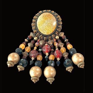 Vintage 1980’s hand crafted petrified wood Swarovski crystal beaded brooch large